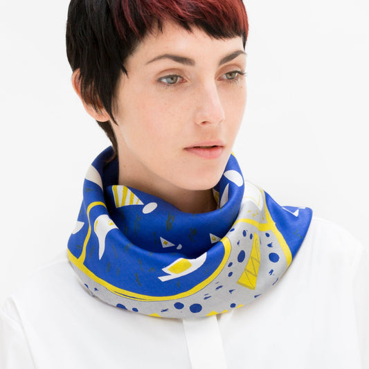 “Stockholm” furoshiki textile in blue, gray, yellow and white