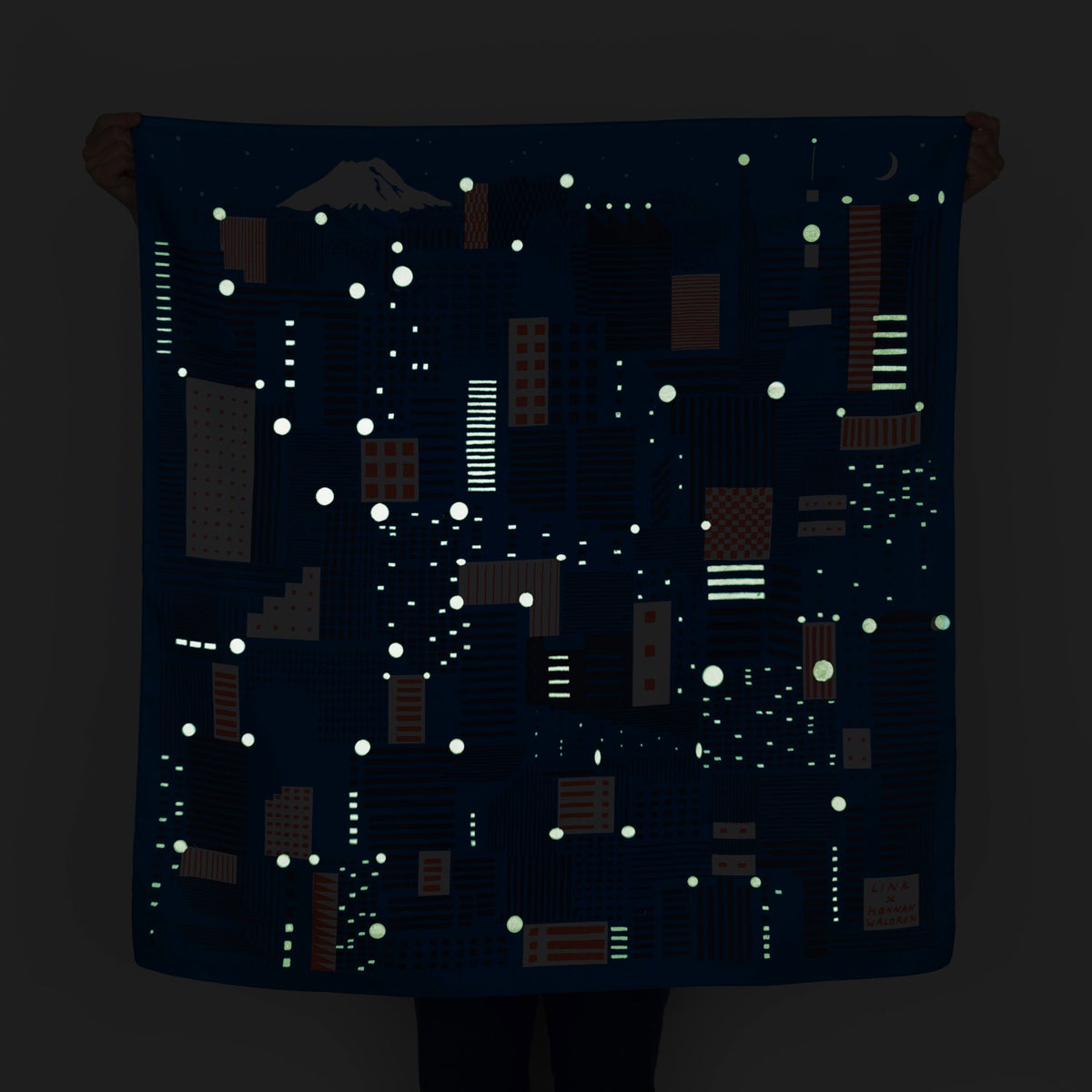 “Tokyo” furoshiki textile in blue, red, white and glow in the dark ink