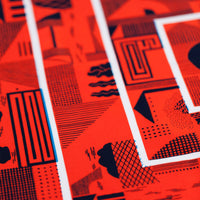 “Maze” furoshiki textile in cinnabar red, navy and white