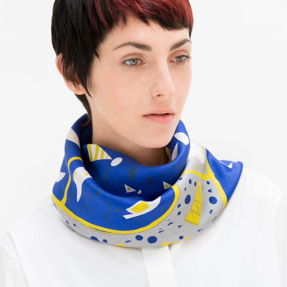 “Stockholm” furoshiki textile in blue, gray, yellow and white